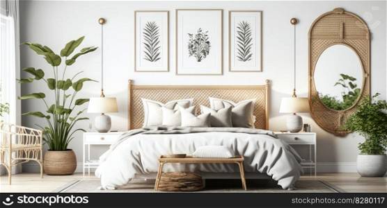 Home bedroom interior decorated with natural material. distinct generative AI image.. Home bedroom interior decorated with natural material