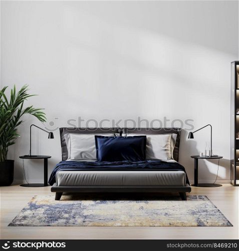 Home bedroom interior mock up with bed and dark blue pillow, bedside tables, plant with empty white wall background, 3d illustration