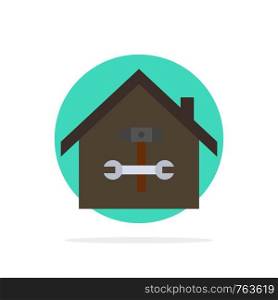 Home, Building, Construction, Repair, Hammer, Wrench Abstract Circle Background Flat color Icon
