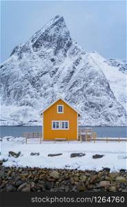 Home, cabin or house, Norwegian fishing village in Reine City, Lofoten islands, Nordland county, Norway, Europe. White snowy mountain hills, nature landscape background in winter season.