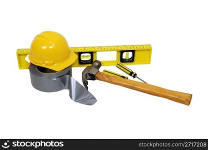 Home construction kit, including level, hard hat, tools and silver lined duct tape for everyday household use - path included