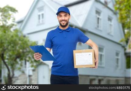 home delivery service, mail, logistics, people and shipping concept - happy man with parcel box and clipboard over house background