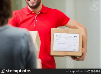 home delivery service, mail, people and shipping concept - happy man delivering parcel box to customer. happy delivery man with parcel box and customer