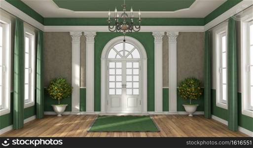 Home entrance of a luxury villa in classic style with closed front door - 3d rendering. Green and brown home entrance of a luxury villa