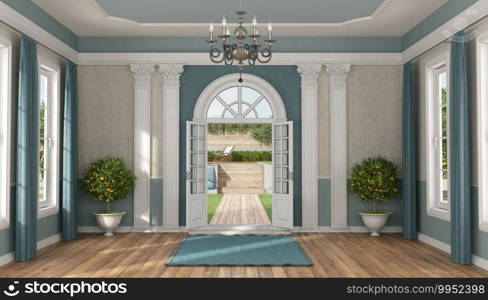 Home entrance of a luxury villa in classic style with garden on background - 3d rendering. Home entrance of a luxury villa