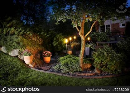 Home garden illumination autumn evening patio lights