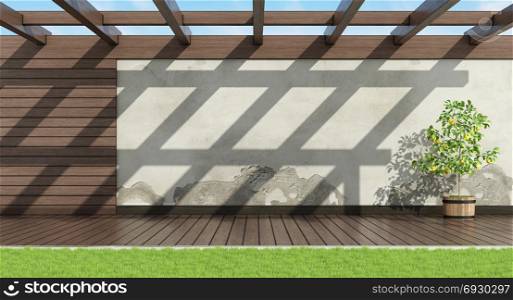 Home garden without furniture. Home garden with old wall, wooden paneling and pergola - 3d rendering