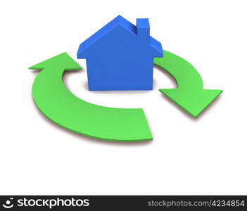 Home icon with two green arrows. 3d rendering on white background.
