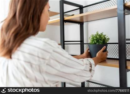 home improvement, decoration and people concept - close up of woman with flower or houseplant at shelf. woman decorating home with flower or houseplant