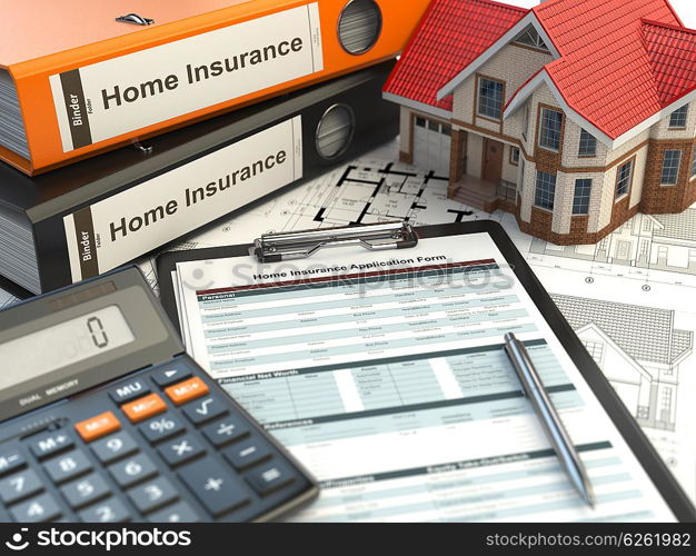 Home insurance form, house, calculator and binders, 3d illustration