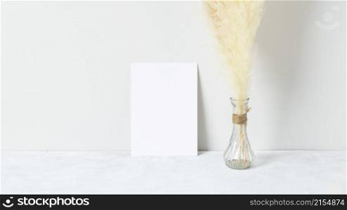 Home interior floral decor, pampas grass on table, Front view, Blank paper cards, Greeting card Mockup. Beautiful white pampas grass in vase on white background