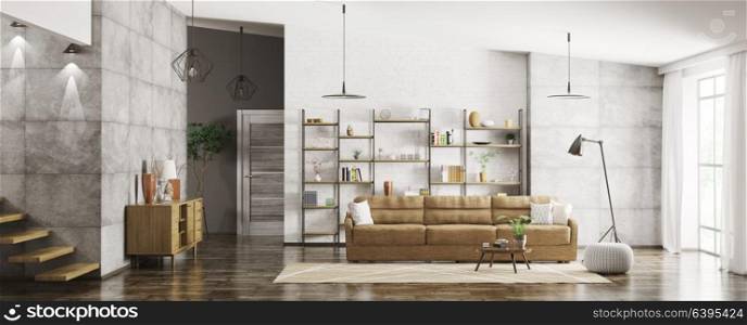 Home interior of modern apartment, living room, hall panorama 3d rendering