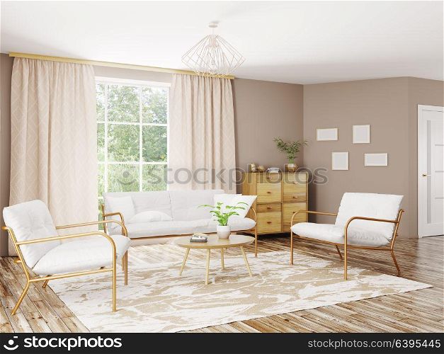 Home interior of modern living room with sofa and armchairs 3d rendering