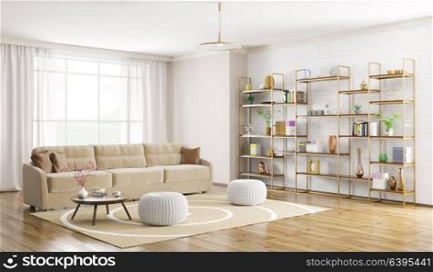 Home interior of modern living room with sofa and bookshelf 3d rendering