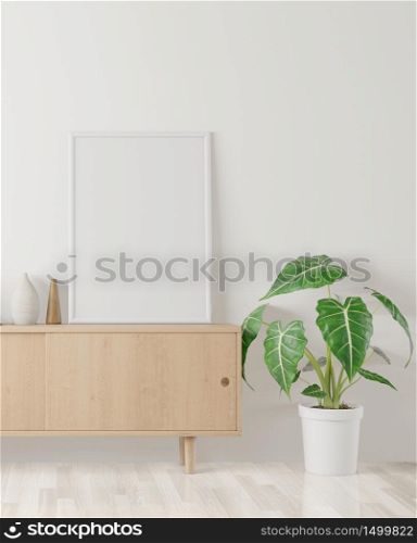 Home interior poster mock up with frame and white wall background. 3D rendering.
