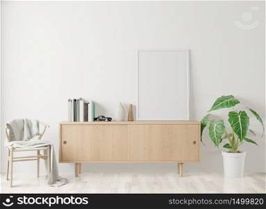 Home interior poster mock up with frame at living room and white wall background. 3D rendering.