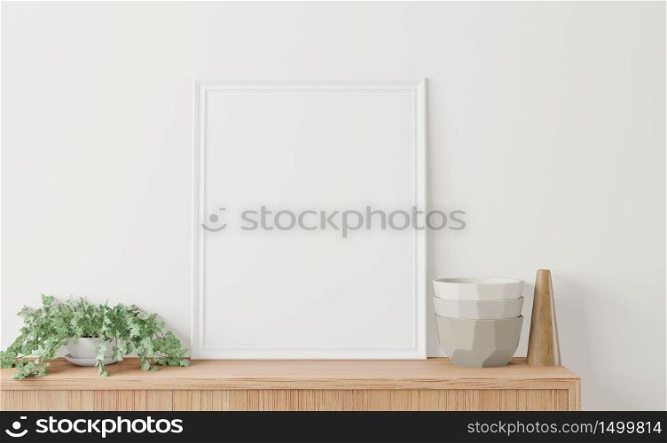 Home interior poster mock up with frame on the cabinet and white wall background. 3D rendering.