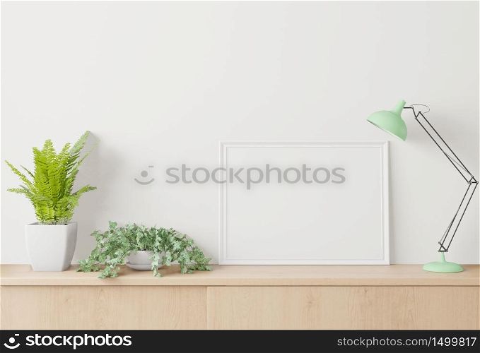 Home interior poster mock up with frame on the cabinet and white wall background. 3D rendering.