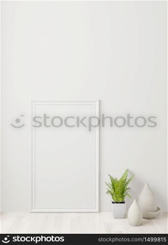 Home interior poster mock up with frame on the floor and white wall background. 3D rendering.