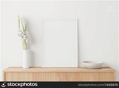 Home interior poster mock up with frame on the table and white wall background. 3D rendering.