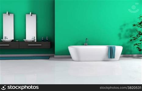 Home interior view of a contemporary bathroom with modern design and furniture and empty space on wall for your copy, colored in green, black and white floor, 3d rendering.