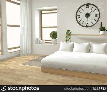 Home interior wall mock up with wooden bed, curtains and decoration japanese style in zen bedroom minimal design. 3D rendering.