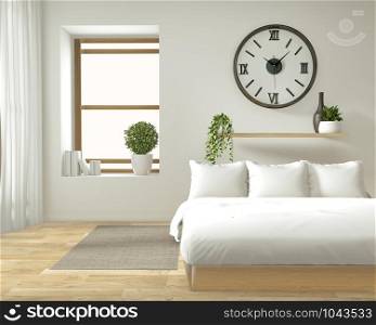 Home interior wall mock up with wooden bed, curtains and decoration japanese style in zen bedroom minimal design. 3D rendering.