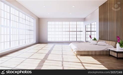 Home interior wall mock up with wooden bed in bedroom minimal design. 3D rendering.