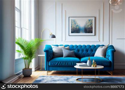 Home interior  with blue sofa.  Generative AI 