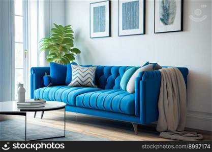 Home interior  with blue sofa.  Generative AI 