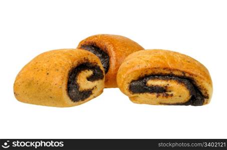 home made ??buns with poppy seeds isolated on a white background