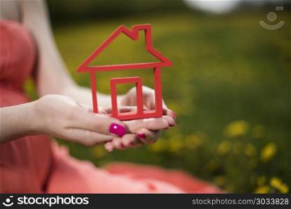 Home, Meadow, Spring, Young beautiful pregnant woman. Home, pregnant woman in the meadow