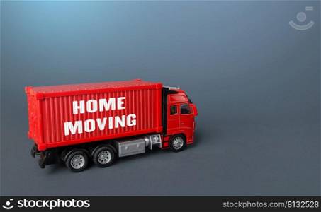 Home moving truck transporting company. Delivery services to another house. Relocation to a new housing. Transportation and delivery of things and furniture. Loading and unloading.