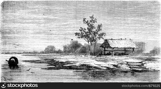 Home of cocamas Indians, vintage engraved illustration. Le Tour du Monde, Travel Journal, (1865).