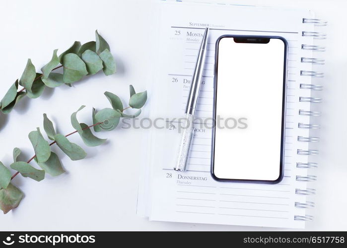 Home office desk with phone. Home office desk with silver green eucaliptus and modern phone