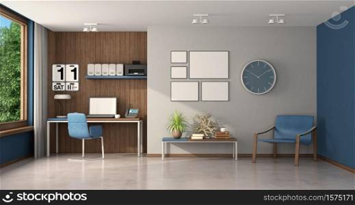 Home office with desk on wooden paneling,armchair and coffee table - 3d rendering. Work at home in a large room with desk and armchair