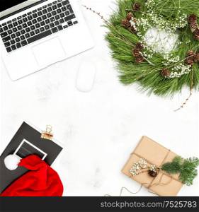 Home office working place with Christmas decoration. Top view Flat lay