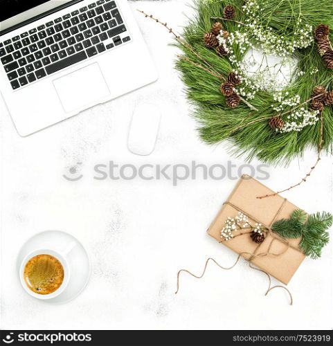 Home office working place with coffee and Christmas gift decoration. Top view Flat lay