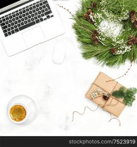 Home office working place with coffee and Christmas gift decoration. Top view Flat lay