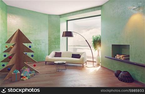home on the coast interior with plywood Christmas tree. 3d concept