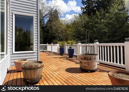Home outdoor cedar wood backyard deck just freshly stained during early spring time with trees and sky in background 