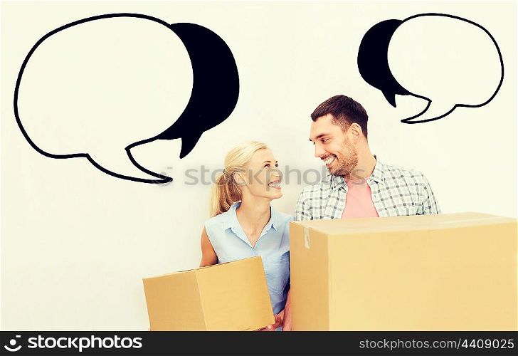 home, people, repair and real estate concept - happy couple holding cardboard boxes and moving to new place with empty blank text bubbles
