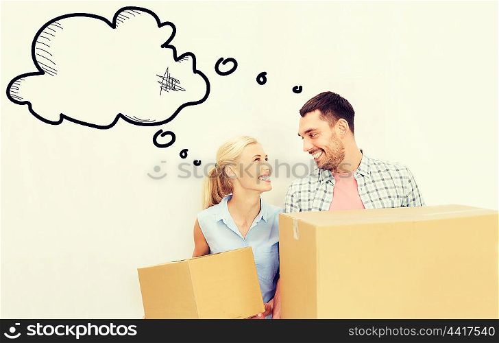 home, people, repair and real estate concept - happy couple holding cardboard boxes and moving to new place with empty blank text bubbles