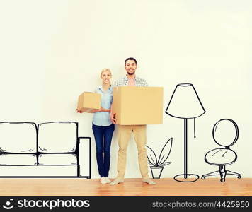 home, people, repair and real estate concept - happy couple holding cardboard boxes and moving to new place over furniture cartoon or sketch background