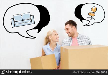 home, people, repair and real estate concept - happy couple holding cardboard boxes and moving to new place with text bubbles and furniture doodles