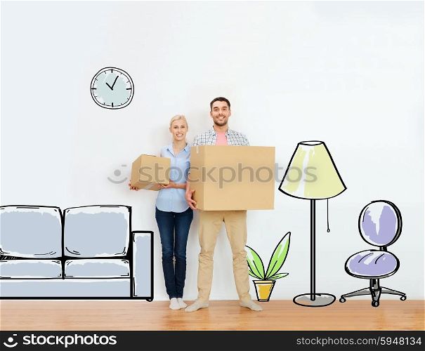 home, people, repair and real estate concept - happy couple holding cardboard boxes and moving to new place over furniture cartoon or sketch background
