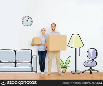 home, people, repair and real estate concept - happy couple holding cardboard boxes and moving to new place over furniture cartoon or sketch background