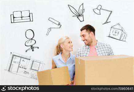 home, people, repair and real estate concept - happy couple holding cardboard boxes and moving to new place over interior doodles background