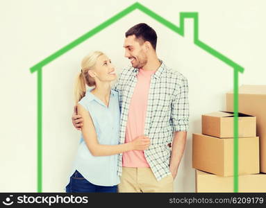 home, people, repair and real estate concept - happy couple with many cardboard boxes moving to new place