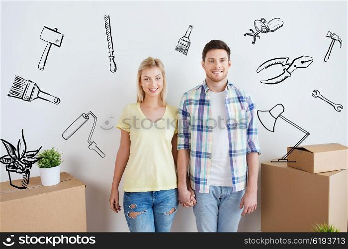 home, people, repair and real estate concept - smiling couple with big cardboard boxes moving to new place over doodles